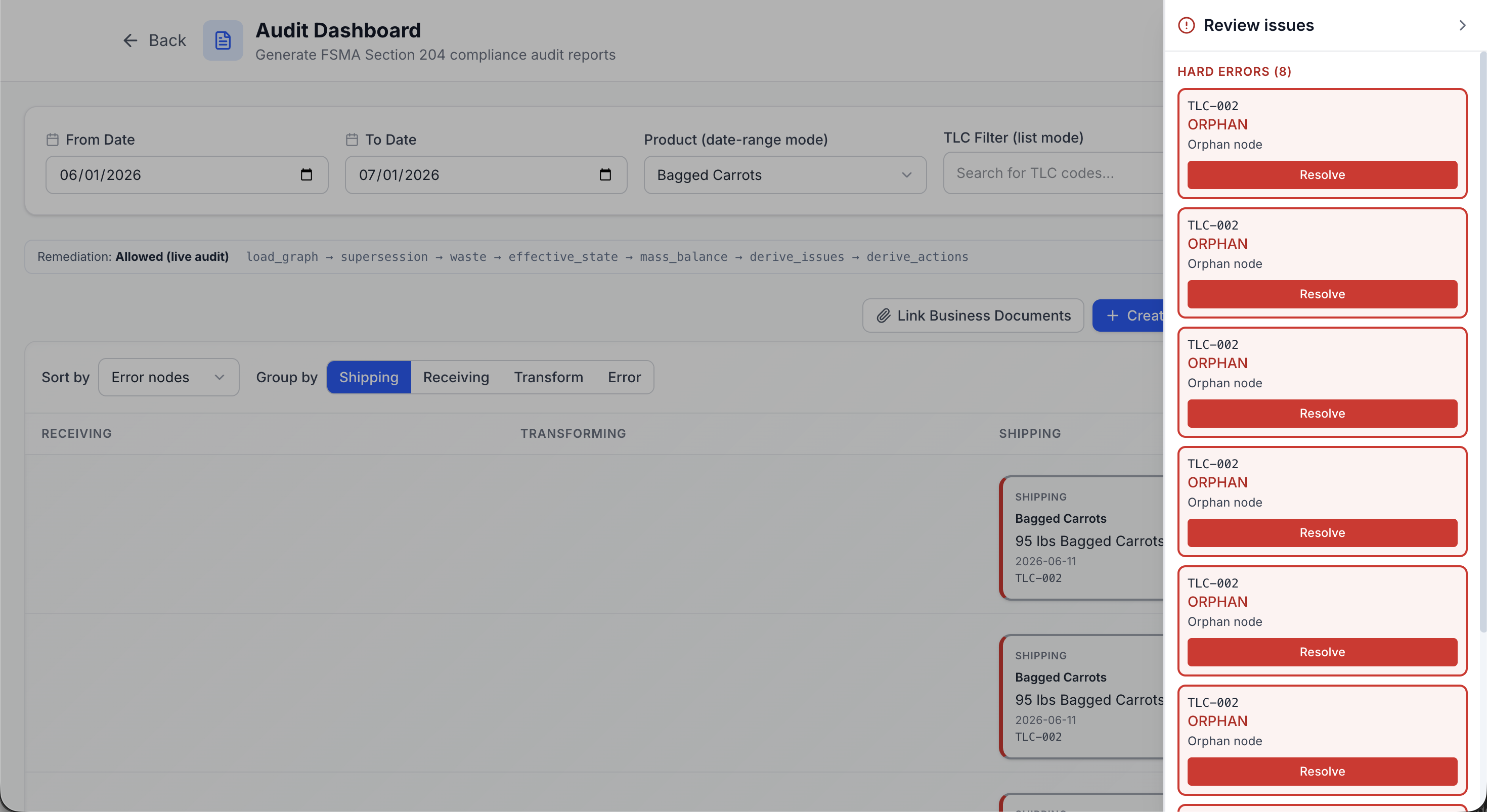 ProduceAudit issue review showing traceability exceptions